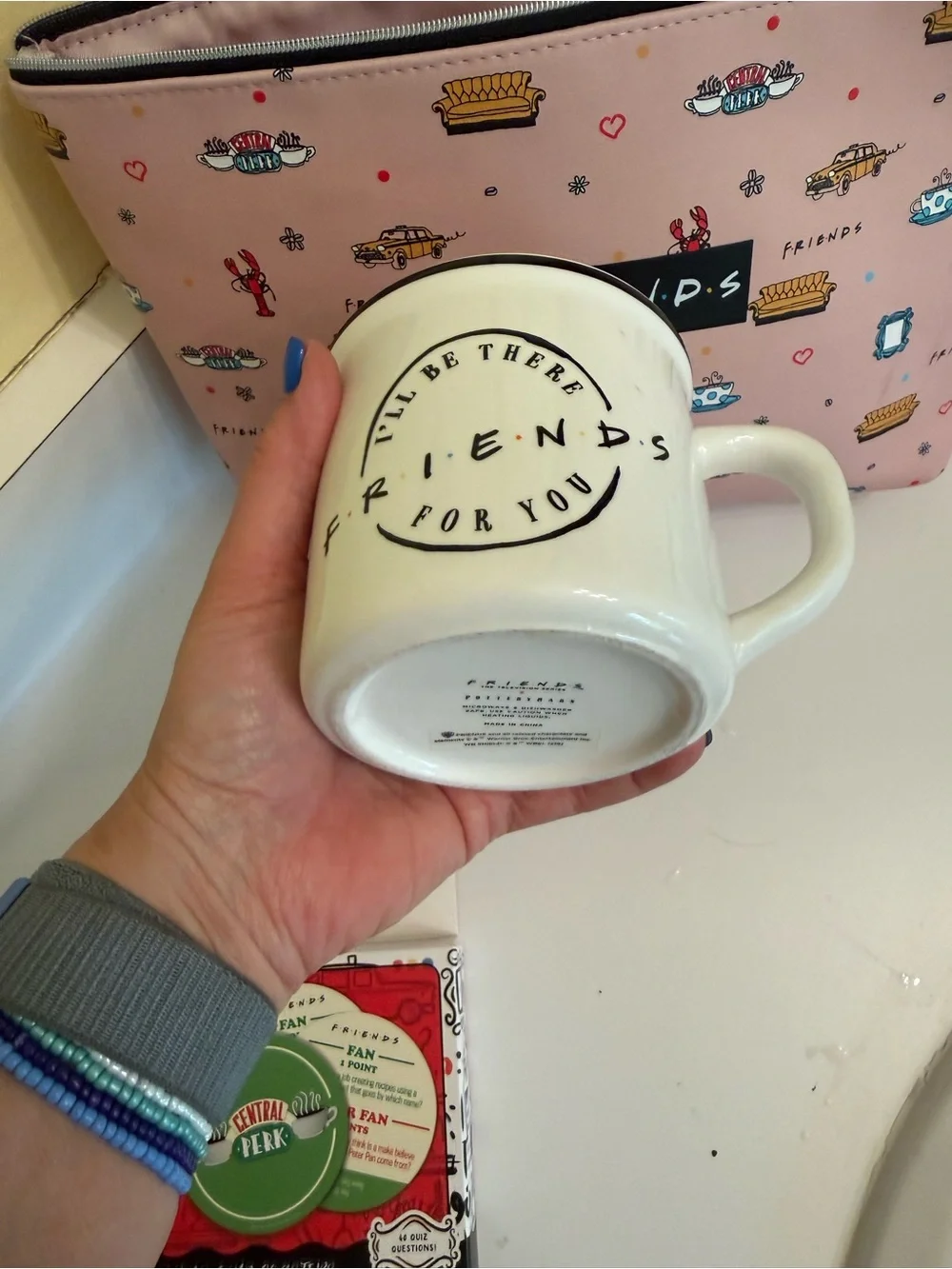 FRIENDS Pink Patterned Icon Cosmetic Pouch with Pottery Barn Mug & fun Coasters